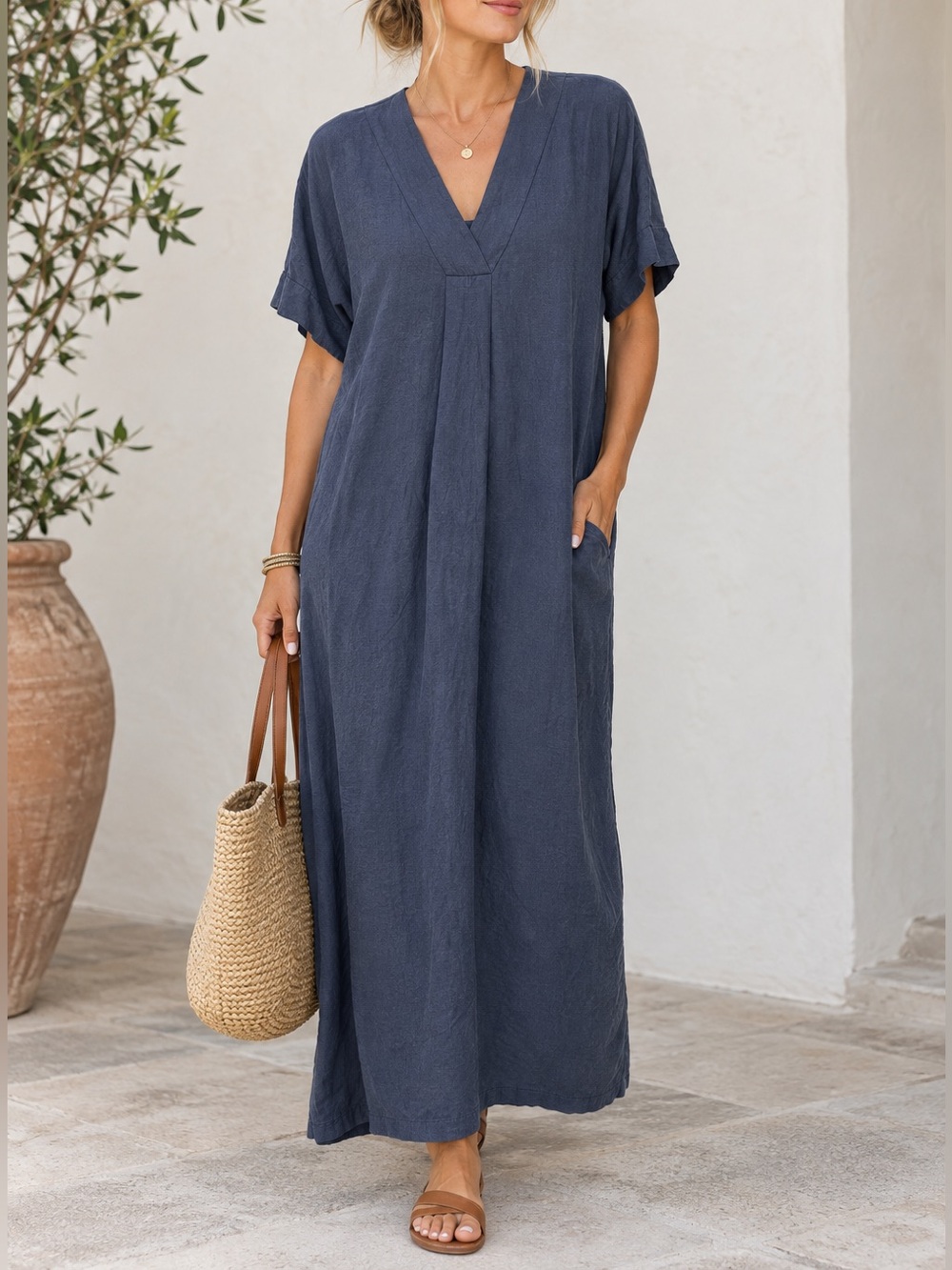 MAGARI Made in Italy Blue Grey Linen Blend Maxi Dress size Small